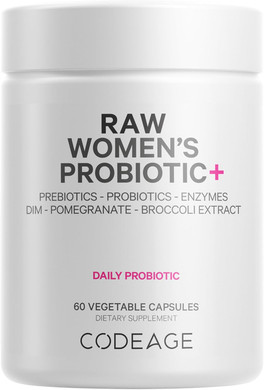 Codeage Raw WomenS Probiotic+ Supplement - 34 Probiotic Strains, 100 Billion Cfus, Digestive Enzymes, Prebiotic Blend, Dim, Herbal Extracts, Phytonutrients - Non-Gmo - 30 Capsules