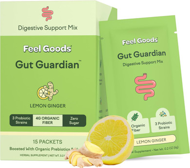Feel Goods Gut Guardian, Organic Fiber, Probiotic & Prebiotic Powder, Sugar Free, Herbs For Bloat, Gut Health Support, Digestive Health For Men & Women, Non Gmo, Vegan, Lemon Ginger, 15 Count