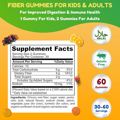 Halal & Gluten Free Fiber Gummies For Kids & Adults | 4G, 30-60 Servings | 60 Gummies | Improves Digestive Health, Immunity & Gut Health | Vegan Prebiotic | Non-Gmo, Gelatin-Free