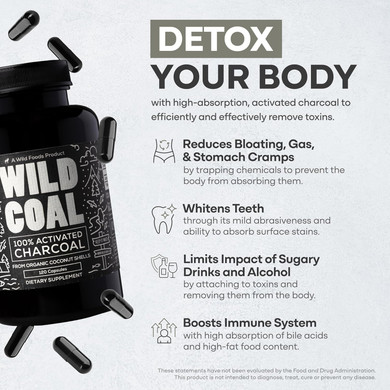 Wild Foods Activated Charcoal Capsules | 100% Organic Coconut Shells Active Tablets For Bloating & Hangover | Lab Tested & Non-Gmo Detox Pills | Made In Usa (120 Capsules)