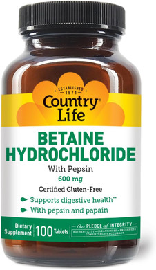 Country Life Betaine Hydrochloride With Pepsin, 600Mg, 100 Tablets, Certified Gluten Free