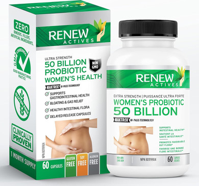 Renew Actives Probiotics For Women 50 Billion Cfu Per 2 Capsules  Maktrek Technology, 4 Probiotic Strains & Prebiotic Blend Supports Digestion Health & Gut Flora Balance Made In Canada 60 Capsules