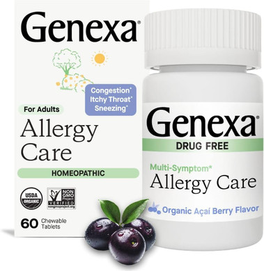 Genexa Allergy Care | Drug Free, Non-Drowsy Allergy & Decongestant Relief For Adults | Vegan & Non-Gmo | Homeopathic Allergy Relief Made Clean | Organic Acai Berry Flavor | 180 Chewable Tablets