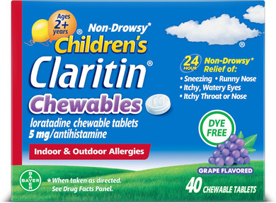Claritin Children'S Allergy Medicine, 24-Hour Non-Drowsy Loratadine 5Mg Chewable Tablet, Antihistamine For Kids Ages 2 Years And Older, Grape Flavored, 40 Tablets
