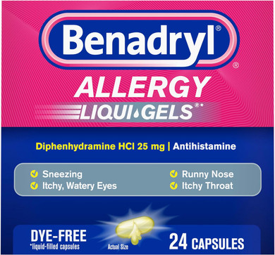 Benadryl Liqui-Gels Allergy Medicine, Dye-Free Liquid Gel Capsules With 25 Mg Of Diphenhydramine Hcl Antihistamine For Relief Of Allergy & Cold Symptoms Like Runny Nose & Sneezing, 24 Ct