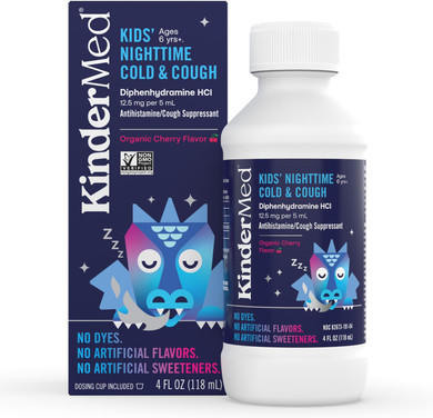 Kindermed Kids' Nighttime Cold & Cough Medicine, For Ages 6 Years+, No Dyes, No Artificial Flavors, No Artificial Sweeteners, Vegan, Non-Gmo, Gluten Free, Organic Cherry Flavor (4 Fl Oz)