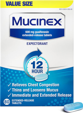 Mucinex 12 Hour 600 Mg Guaifenesin Extended-Release Tablets For Excess Mucus Relief, Expectorant Aids Excess Mucus Removal, Chest Congestion Relief, 80 Bi-Layer Tablets