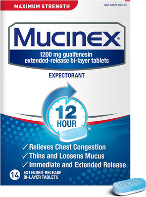 Mucinex Chest Congestion, Maximum Strength 12 Hour Extended Release Tablets, 14Ct, 1200 Mg Guaifenesin With Extended Relief Of Chest Congestion Caused By Excess Mucus, Thins And Loosens Mucus