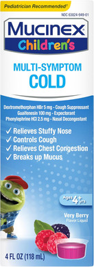Mucinex Children'S Multi-Symptom Cold Relief Liquid- Relieves Stuffy Nose, Chest Congestion, Cough & Mucus, Expectorant & Cough Suppressant With Dextromethorphan, Guaifenesin, Phenylephrine, 4 Oz