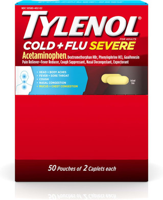 Tylenol Cold + Flu Severe Medicine Caplets For Cold & Flu Symptom Relief, Fever Reducer, Pain Reliever, Cough Suppressant, Nasal Decongestant & Expectorant, 50 Pouches Of 2 Ct