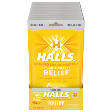 Halls Relief Honey Lemon Sugar Free Cough Drops, 12 Bags Of 25 Drops (300 Total Drops)