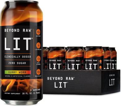 Beyond Raw Lit Ready To Drink Pre Workout, Gummy Worm, For Energy, Focus, Intensity And Pumps, With Nitric Oxide Boost, Zero Sugar, 250Mg Caffeine With Beta Alanine, 12 Cans