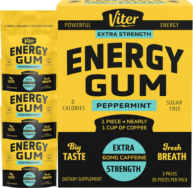 Viter Energy 60Mg Caffeine Gum (Peppermint Flavor, 30 Pieces) - Sugar Free, Vitamin B3, B6, B9, B12, Zero Calories, Caffeinated Energy Chews, Nootropic Focus Supplement For Men & Women