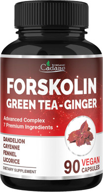 Organic Cadane Forskolin Supplement With Green Tea, Ginger, Dandelion, Cayenne, Fennel, And Licorice| Body Management & Energy Support | Vegan, Non-Gmo  90 Capsules  45-Day Supply