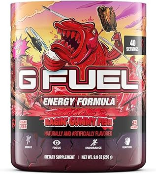 G Fuel Raging Gummy Fish Energy Drink Powder, Pre Workout Caffeine Mix For Gaming, Sugar Free Focus Amino, Vitamin + Antioxidants, 9.9Oz (Gummy Fish Candy, 40 Servings)