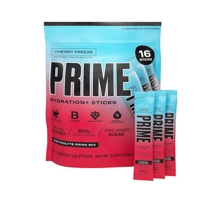 Prime Hydration+ Sticks Blue Raspberry | Hydration Powder Single Serve Sticks | Electrolyte Powder On The Go | 250Mg Bcaas, B Vitamins, Antioxidants | Low Sugar | Caffeine-Free | Vegan | 16 Sticks