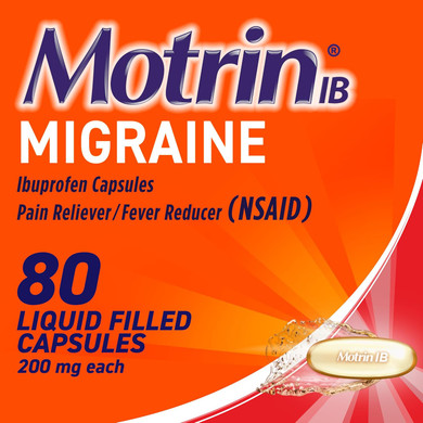 Motrin Ib Migraine Relief Liquid Gel Capsules With 200 Mg Ibuprofen Per Capsule, Fast & Effective Migraine Headache Medicine With Nsaid Pain Reliever Ibuprofen, Caffeine-Free, 80 Ct