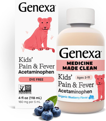 Genexa Kids Clean Pain & Fever Acetaminophen, Dye Free, 0% Artificial Additives, Delicious Organic Blueberry Flavor, Liquid Oral Suspension Medicine For Children 2-11, 160 Mg Per 5Ml, 4 Fl Oz