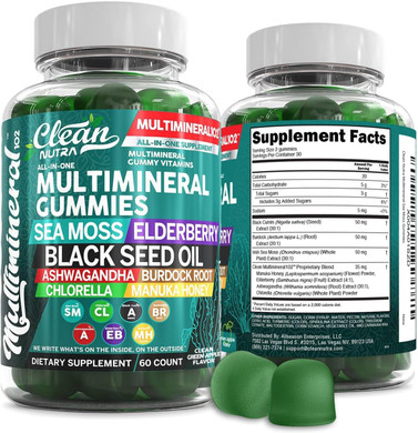 Sea Moss Gummies | Clinically Tested - Black Seed Oil Ashwagandha Elderberry Burdock Root Chlorella Manuka Honey - Vegan Irish Sea Moss Gummy Vitamins For Adults Kids Men Women - Green Apple Flavor