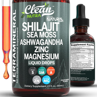 Clean Nutraceuticals Shilajit Liquid Drops With Sea Moss, Ashwagandha, Zinc, Magnesium, Liquid Vitamins For Women And Men - Terra Mineral