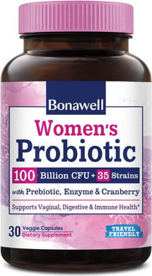 Bonawell Probiotics For Women 100B, With Prebiotics, Digestive Enzymes & Organic Cranberry For Female Vaginal Health, Digestion & Immunity, Shelf-Stable, Delayed-Release, 30 Veggie Caps