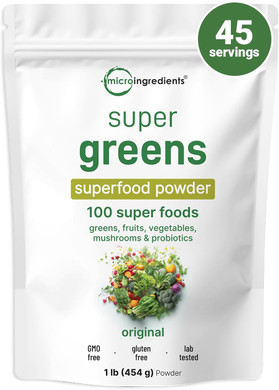 Micro Ingredients Super Greens Powder, 1Lb | 100 Superfood Blend With Daily Greens, Fruits, Vegetables, Mushrooms & Probiotics | Source Of Vegan Protein & Enzymes | Non-Gmo, Gluten-Free, No Additives