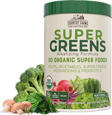 Country Farms Super Greens Berry Flavor, 50 Organic Super Foods, Usda Organic Drink Mix (Wheat Grass, Spirulina, Chlorella) Mushrooms & Probiotics, With Fiber, Gut Health, Natural Energy, 30 Servings