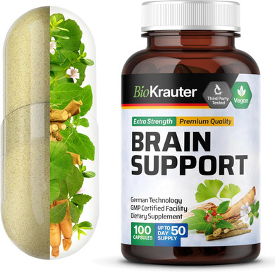 Bio Krauter Brain Support Supplement - 100 Count - 1300 Mg Blend Of Ashwagandha, Panax Ginseng And Ginkgo Biloba - Vegan, No Fillers