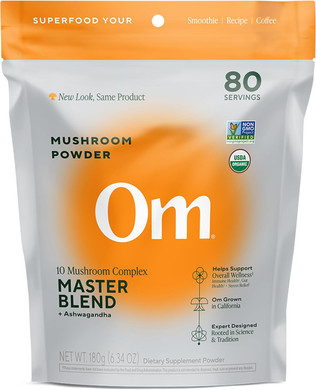 Om Master Blend Mushroom Powder  Organic Mushroom Supplement With 10 Mushrooms And Ashwagandha - Support Immunity, Gut Health & Stress Relief, 6.34 Oz (80 Servings)