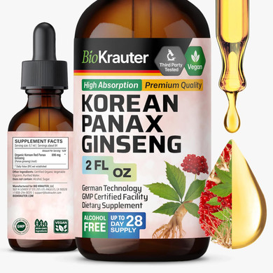 Bio Krauter Korean Red Ginseng Extract Liquid - Alcohol & Sugar Free Panax Ginseng Supplement - Vegan Immune Support Supplement - 4 Fl. Oz
