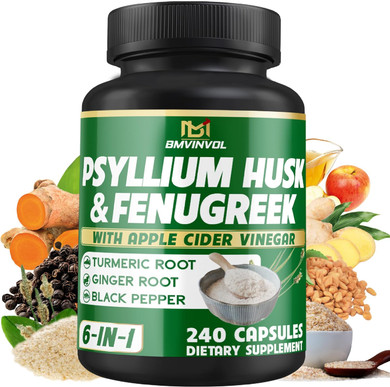 Bmvinvol Psyllium Husk Fiber Supplement With Fenugreek, Apple Cider Vinegar, Turmeric, Ginger, Black Pepper- Digestion Health Support - 240 Capsules