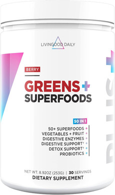 Livingood Daily Greens & Superfood Powder, Super Greens For Gut Health, Green Juice Powder With Spirulina, Chlorella, And Digestive Enzymes, Probiotics For Digestive Support, Berry, 30 Servings