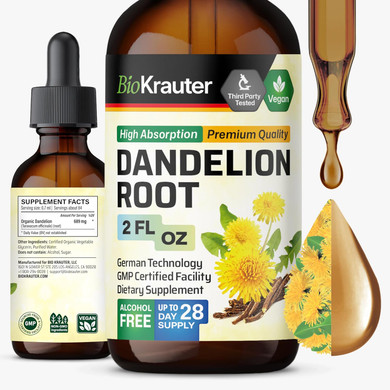 Bio Krauter Dandelion Tincture - Pure Dandelion Root Supplement For Liver & Kidney Support - 4 Fl. Oz - 56 Days Of Supply - Vegan Extract Liquid Drops Non-Gmo, No Fillers, No Sugar & Non-Alcohol