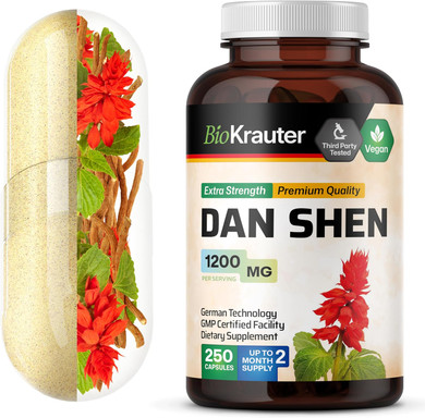 Bio Krauter Dan Shen Root Capsules - 1200 Mg Strength - 100 Red Sage Caps - Antioxidant Source - Salvia Miltiorrhiza Root - Vegan