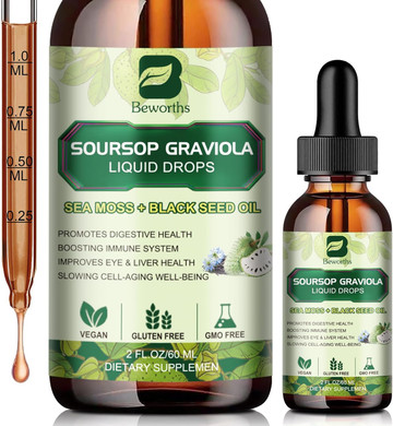 Soursop Bitters Liquid Drops, Soursop Graviola Leaf Extract Multivitamin Drops With Sea Moss Black Seed Oil Supplement - Supports Antioxidant, Slowing Cell-Aging, Gut Cleanse, Detox & Immunity Health