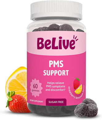 Belive Pms Support Gummies Supplement  Helps Relieve Pms Symptoms  Hormonal Balance Mood Swings & Cramps Relief, Bloating Support  With Chaste Tree Extract - Strawberry Limonade Flavor  60 Count