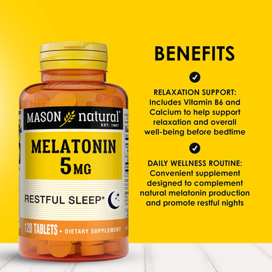 Mason Natural Melatonin 5 Mg With B6 & Calcium, Natural Sleep Aid, Supports Restful Sleep, 120 Tablets