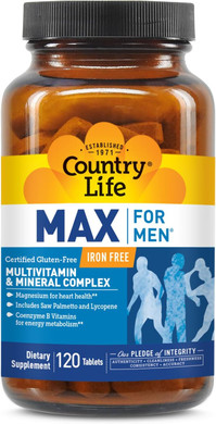 Country Life Max For Men Multivitamin: Iron-Free, Gluten Free, Saw Palmetto, Lycopene, Daily Support For Energy, Heart & Men'S Health,120 Vegetarian Tablets
