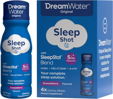 Dream Water Sleep Aid Supplement Drink; Melatonin 5Mg, Gaba, 5-Htp; Zero Sugar, Natural Flavors, No Added Colors, 2.5 Oz Liquid Sleep Shots, Snoozeberry, 4-Count