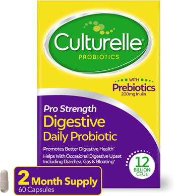 Culturelle Pro Strength Daily Probiotics For Digestive Health (2 Month Supply) With Prebiotics For Women & Men, Supports Occasional Diarrhea, Gas & Bloating, Gluten & Soy Free, 60 Count