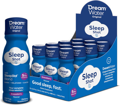 Dream Water Sleep Aid Supplement Drink; Melatonin 5Mg, Gaba, 5-Htp; Zero Sugar, Natural Flavors, No Added Colors, 2.5 Oz Liquid Sleep Shots, Snoozeberry, 24-Count