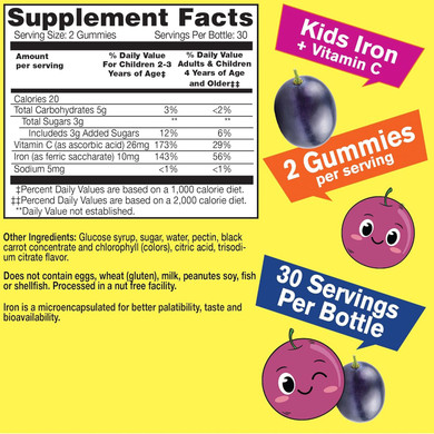 Iron Gummies For Kids With Vitamin C - Anemia Support, Red Blood Cell Formation, Energy, And Immunity Support Gummy, Iron Supplements For Kids - Gmo Free, Natural Grape Flavor - 60 Count