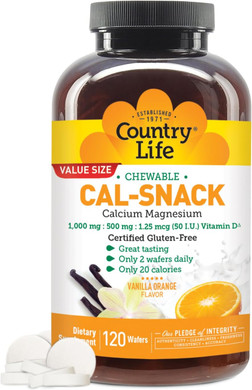 Country Life Cal-Snack - Chewable Calcium Magnesium Supplement Wafers With Vitamin D3, Easy To Digest, Vanilla Orange Flavor, Dietary Supplement