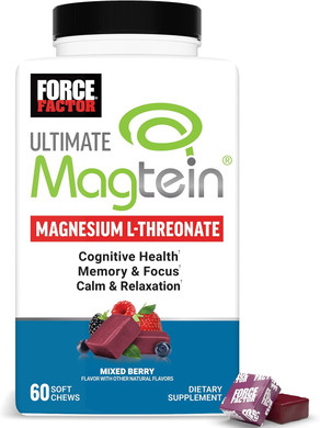 Force Factor Ultimate Magtein Magnesium L-Threonate 2000Mg, Support Cognitive Function, Focus, Memory & Relaxation, Magnesium Threonate, Mixed Berry, 60 Soft Chews