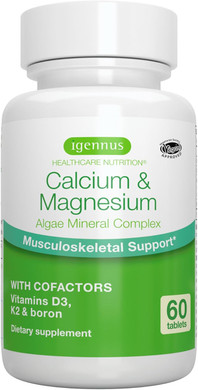 Igennus Algae Calcium & Magnesium Supplement, Plant Based, High Absorption, K2 & D3, Non-Gmo Red Algae Mineral Complex For Bone & Teeth Support, For Women And Men, With Boron, Vegan, 60 Tablets