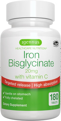 Igennus High Absorption Chelated Iron Bisglycinate 20Mg, Vitamin C, 6 Month Supply, Gentle Formula, Clean Label & Targeted Release Ferrous Bisglycinate For Women And Men, One Daily, Vegan, 180 Tablets