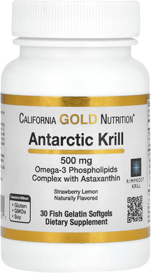 California Gold Nutrition Antarctic Krill Oil, 500 Mg Omega-3 Phospholipids With Naturally Occurring Astaxanthin, Natural Strawberry & Lemon Flavor, Non Gmo, 500 Mg, 30 Fish Gelatin Softgels