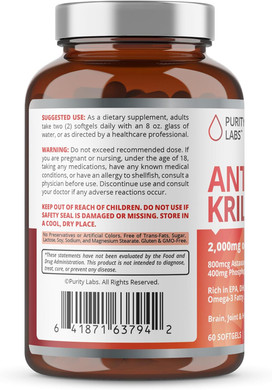 Purity Labs Antarctic Krill Oil 2000Mg Omega-3 With Astaxanthin 800Mcg Supplements To Support Memory- Rich In Omega 3, Fatty Acids, Dha, Epa & Phospholipids - 60 Softgels