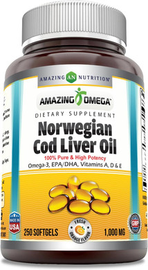 Amazing Omega Norwegian Cod Liver Oil 1000 Mg Softgels Supplement | Omega-3, Epa, Dha, Vitamin A, Vitamin D & Vitamin E (Orange | 250 Count)