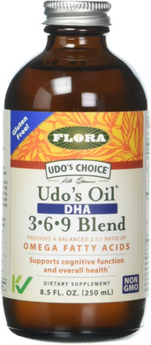 Flora - Udo'S Oil Dha 3-6-9 Blend - Vegan Eye & Brain Health Supplement - Vegan Omega-3 & Omega-6 - Contains Sunflower & Flax Seed Oil - Kosher & Organic - Keep Chilled - 8.5 Fl. Oz